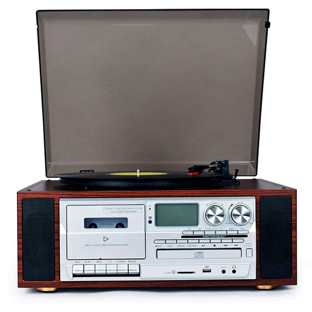 Bluetooth Record Player Turntable with Stereo Speaker, Vinyl Record Playback Auto Arm/Tape Playback/CD Playback/USB/SD Playback/Radio Playback