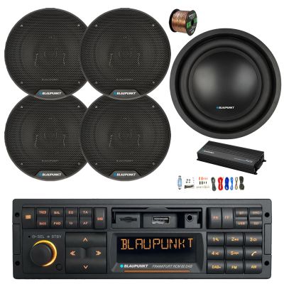 Blaupunkt FRANKFURT Single DIN 90's Retro Classic USB Bluetooth AM/FM Stereo Receiver, 5-Channel Amplifier w/Kit, 10" Subwoofer, 4x 6" 40 Watt Max 3-Way Car Speakers w/ Wire