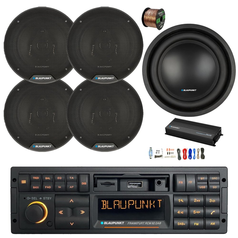 Blaupunkt FRANKFURT Single DIN 90's Retro Classic USB Bluetooth AM/FM Stereo Receiver, 5-Channel Amplifier w/Kit, 10" Subwoofer, 4x 6" 40 Watt Max 3-Way Car Speakers w/ Wire
