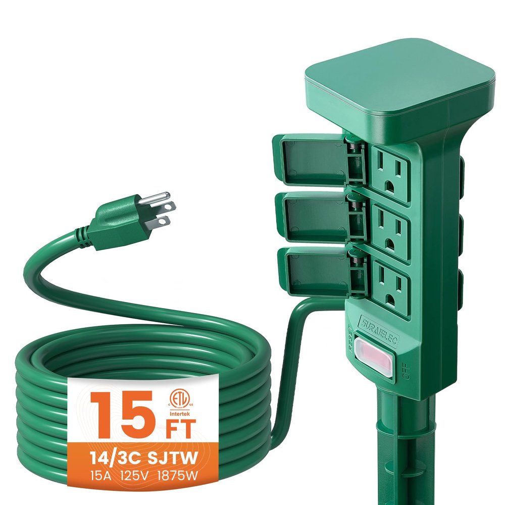 SURAIELEC Outdoor Power Stake Waterproof, 6 Grounded Outlets Power Strip Weatherproof, 15FT Extension Cord Outlet for Yard, Garden, Christmas Decoration, Patio, Outdoor Light, 1875W/15A, Green