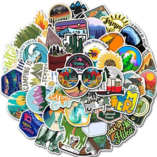 100PCS Camping Stickers, Outdoor Adventure Hiking Sticker for Water Bottle Luggage Journal Scrapbook, Camping Waterproof Vinyl Stickers for Kids Teens Adults Camper Party Favors