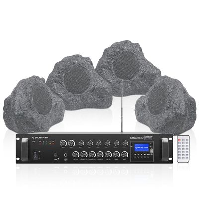 Sound Town Commercial Residential Rock Speaker+Amplifier Set, with One 6-Zone 70V/100V Amplifier with Bluetooth, 4 x 6.5-Inch Rock Speakers, Gray (STCA360X4RK62G)