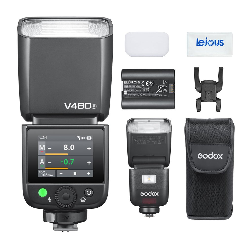 Godox V480F V480 TTL Flash Speedlite for Fuji, GN50 2.4G 1/8000S HSS Flash Speedlite Touchscreen, 650 Full Power Flashes, 1.7s Recycle Time, LED Model Lamp