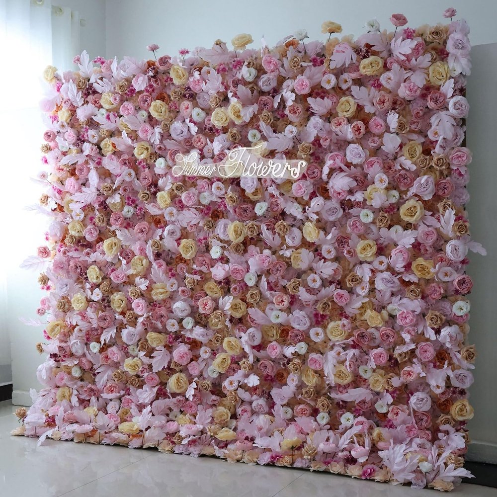 5D cloth-based artificial Champagne Pink Rose Hydrangea flower wall, wedding decoration simulation flower background wall for wedding decoration/hotel setting/decoration props/photography props(2.4x2.