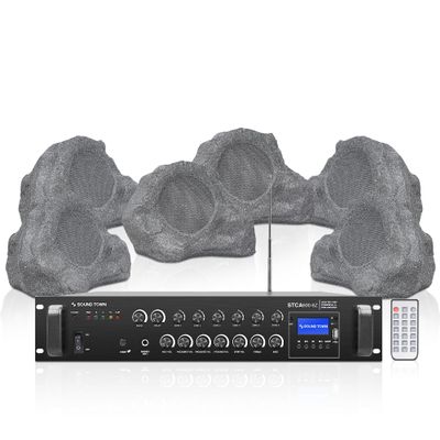 Sound Town Commercial Residential Rock Speaker+Amplifier Set, with One 6-Zone 70V/100V Amplifier with Bluetooth, 6 x 8-Inch Rock Speakers, Gray (STCA600X6RK82G)