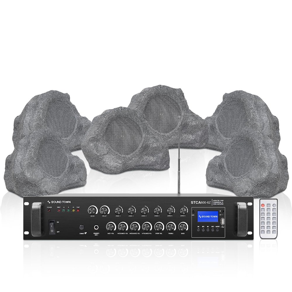Sound Town Commercial Residential Rock Speaker+Amplifier Set, with One 6-Zone 70V/100V Amplifier with Bluetooth, 6 x 8-Inch Rock Speakers, Gray (STCA600X6RK82G)