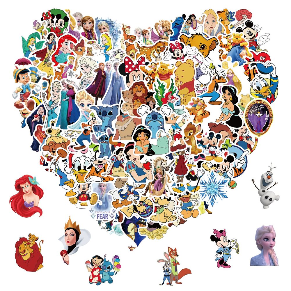 100pcs Disney Cartoon Stickers for Kids Water Bottle, Kawaii Princess Waterproof Vinyl Stickers for Adult Teen Girl Laptop Skateboard Bike Guitar Laggage Bicycle Travel Case Helmet