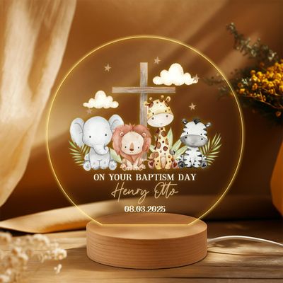 MDPrints Global Personalized Baby Gifts, Personalized Night Light for Kids, Baptism Night Light with Wooden Base, Bedroom Decor, Nursery Light, Baptism Gifts for Girl Boys (Baptism DK02)
