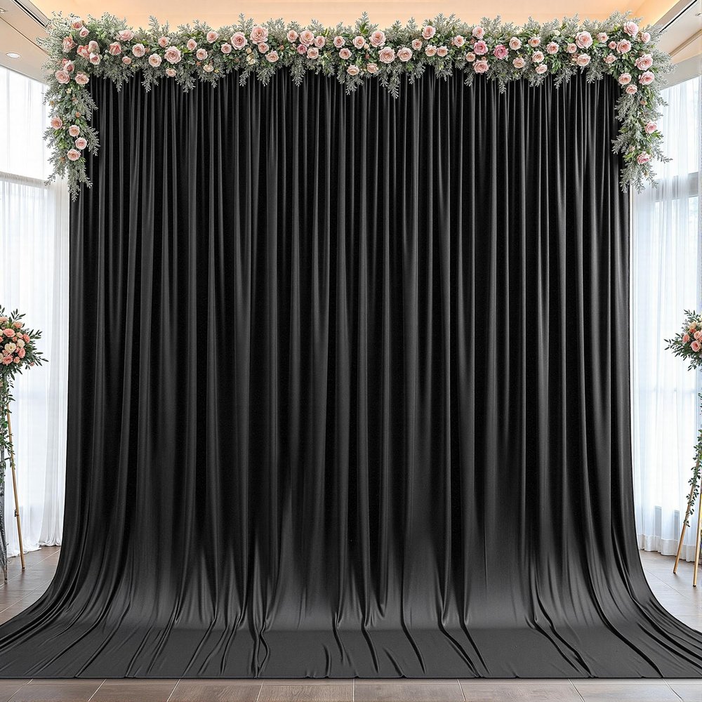 10x12ft Black Backdrop Curtain Panels for Parties - Wrinkle Free Polyester Photo Curtain Backdrop Wedding Back Drop Fabric Drapes for Party Decorations Background for Photography
