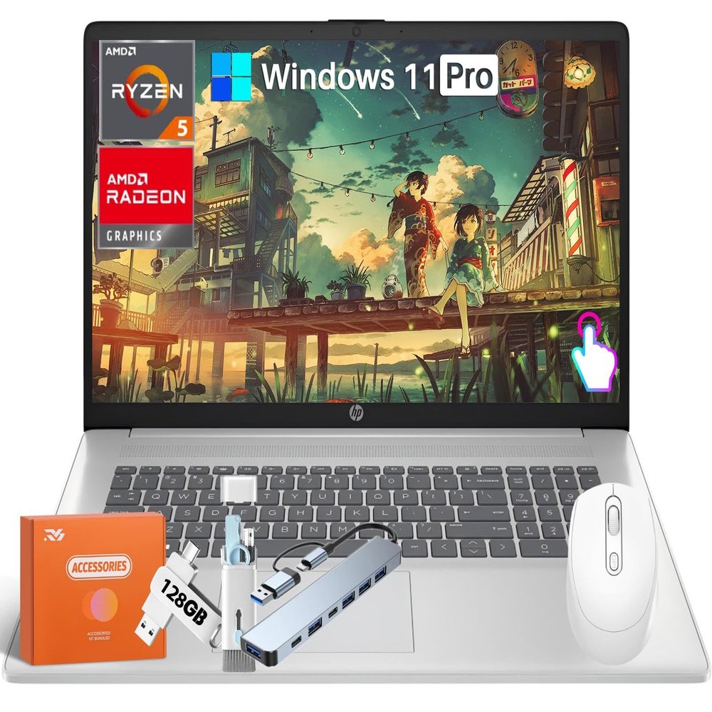 HP 17 Business Laptop, 17.3" HD+ Anti-Glare Touchscreen, AMD Ryzen 5 7530U(6-Core, Up to 4.5GHz, Beat i7-1165G7), 64 GB RAM, 1 TB SSD, AMD Radeon GPU, Webcam, Wi-Fi 6, Windows 11 Pro, w/Accessories