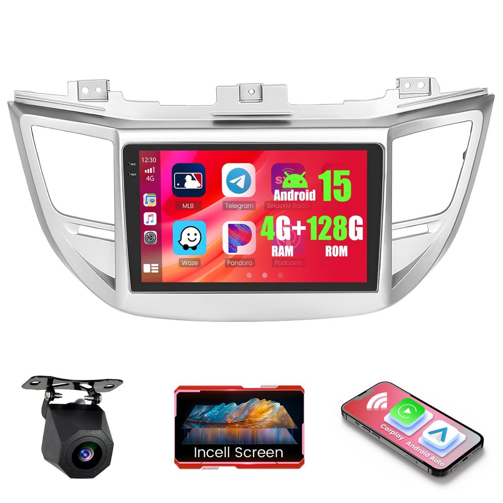 4+128GB Android 15 Car Radio for Hyundai Tucson 2015 2016 2017 Wireless Carplay Android Auto, Realdio 1280*720P 9" In-Cell Touch Screen Car Stereo with WiFi Bluetooth GPS FM/RDS EQ Backup Camera MIC