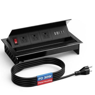 Recessed Conference Table Power Hub with 4 USB Ports,3AC TR Outlets, PD 30W USB-C PD Fast Charging, Metal Housing Flush Mounted for Desks, Kitchens, RVs, 6FT Power Cord