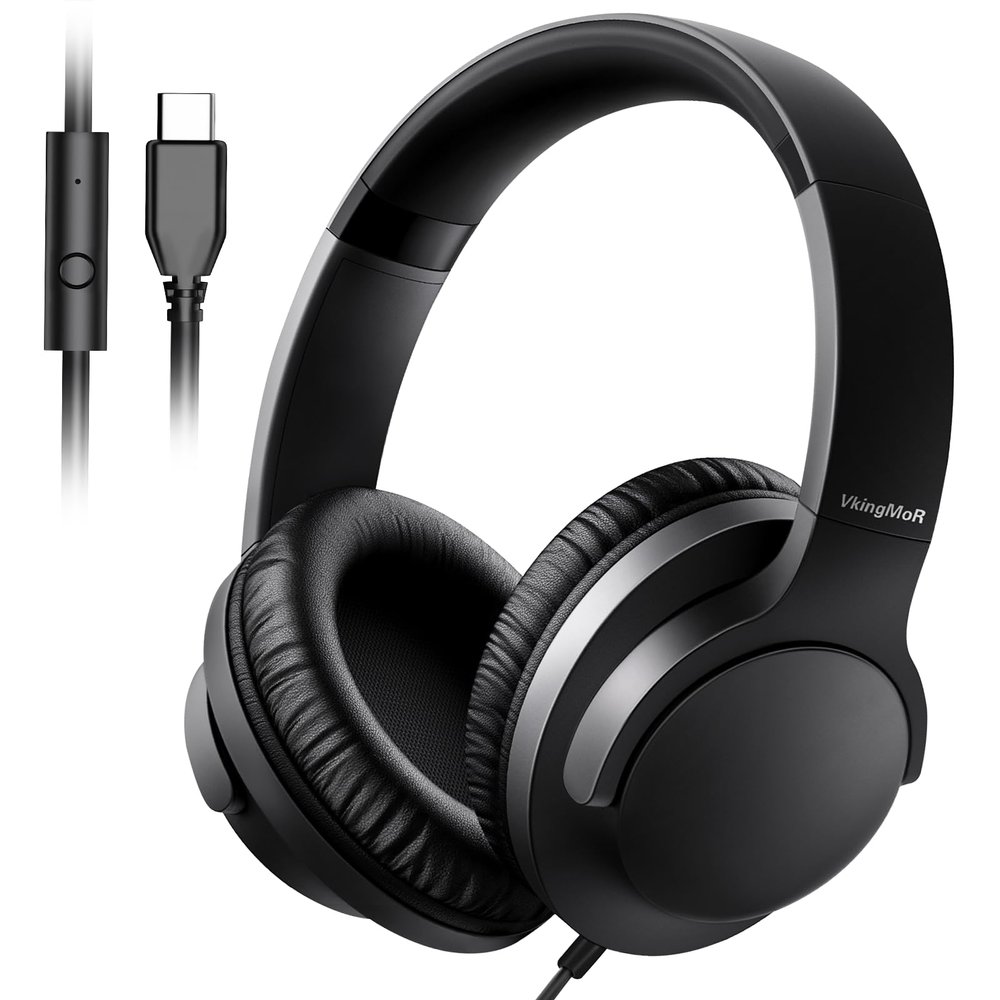 USB C Over Ear Headphones Wired,USB-C/Type C Wired Headphones with Microphone, Foldable & Lightweight Headset with In-line Control, HD Stereo Sound for iPhone 15-16/Samsung/Type-C Laptop/Tablet,Black