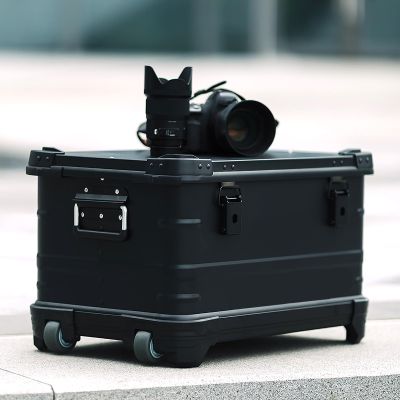 Aluminum Camera Equipment Trolley Case, 23 inches Black Rolling Storage Box Large Carrying Toolbox with Pockets/Inner Dividers for Light Stands, Tripods, Telescopes
