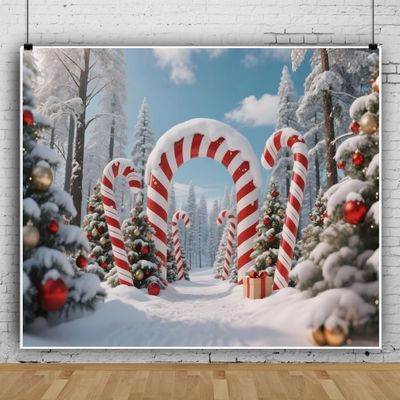 10x10ft Christmas Candy Cane Backdrop for Photography Winter Wonderland Snowy Forest Christmas Props for Photoshoot Xmas Tree Candy Canes Background Navidad Holiday New Year Party Decorations