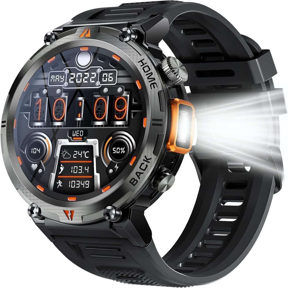 EIGIIS Military Smart Watch for Men Tactical Rugged with Bluetooth Call Flashlight 1.45'' Big Screen Fitness Tracker Heart Rate Sleep Monitor Waterproof Sports Smartwatch iPhone Android