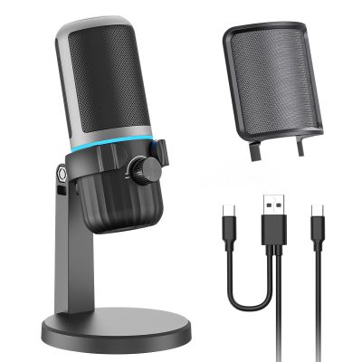 CMOCIIY USB Condenser Gaming Microphone, PC Microphone for Streaming, Podcasts, Recording, Desktop Computer Mic with Mute Button & LED Indicator, Volume Control, Headphone Jack