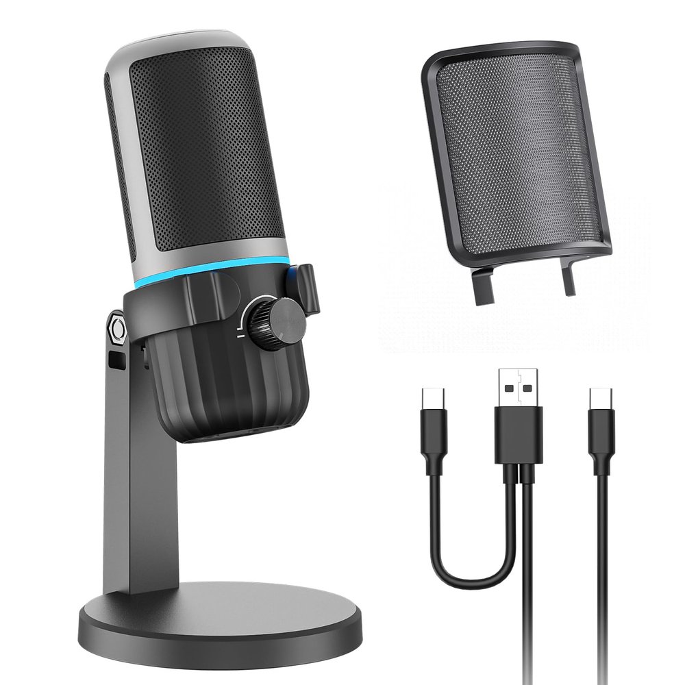 CMOCIIY USB Condenser Gaming Microphone, PC Microphone for Streaming, Podcasts, Recording, Desktop Computer Mic with Mute Button & LED Indicator, Volume Control, Headphone Jack