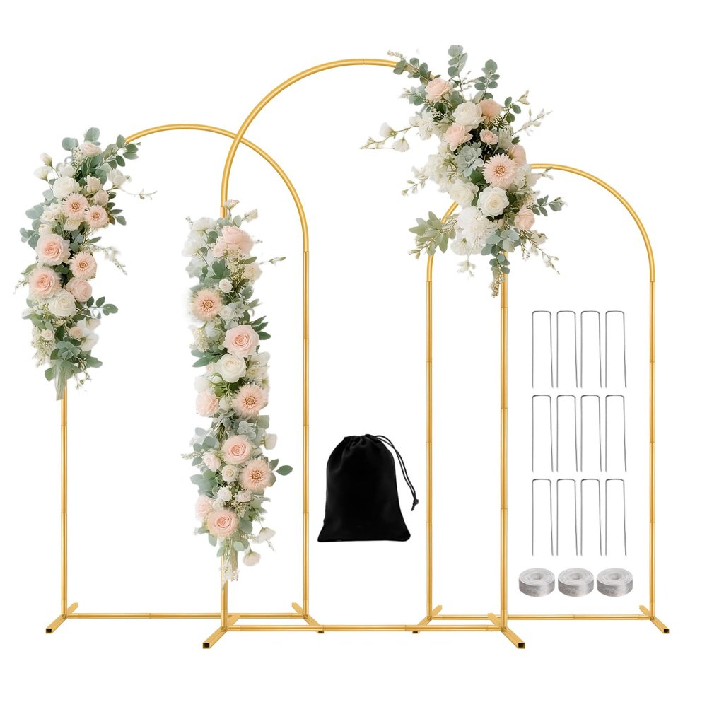 Metal Arch Backdrop Stand Set of 3(6 ft, 5 ft, 4 ft) Party Arch Stands for Wedding, Birthday, Baby Shower, Bridal Shower, Balloon Arched Frame for Garden Decor, Gold Floral Arches,Valentines Day