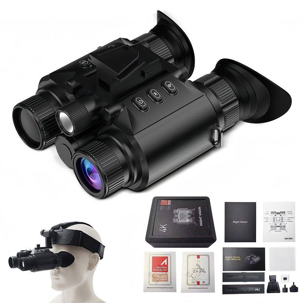 SKIOVEMI Head-Mounted Night Vision Goggles - Rechargeable Night Vision Binoculars/Digital Infrared Goggles for Adults with Manual Focus & 8X Digital Zoom, Include 64GB SD Card