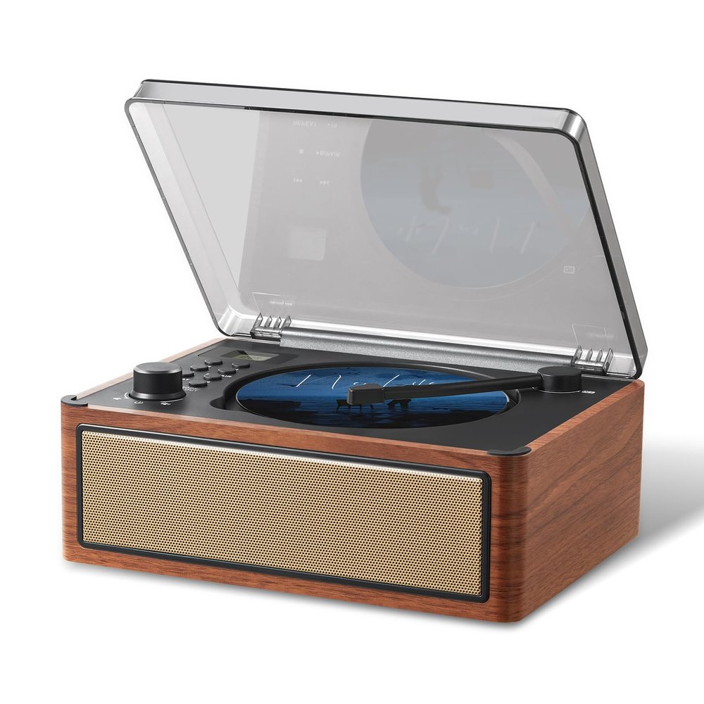 G Keni CD Player with Bluetooth Input & Output, Portable CD Player for Home with Dual HiFi Stereo Speakers, Rechargeable FM Radio, USB, AUX, CD-R/RW Compatible, Retro Wooden Design, Brown