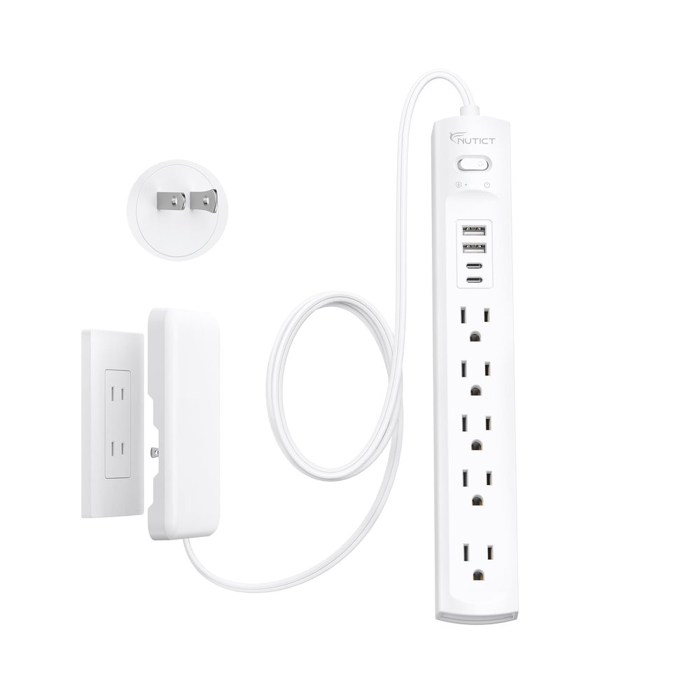 2 Prong Power Strip, NUTICT 2 Prong to 3 Prong Outlet Adapter, Flat Extension Cord with Outlet Cover 10FT, 5-Outlet & 4 USB Ports, 1440J Surge Protector, Wall Mountable, Ideal for Old House, White