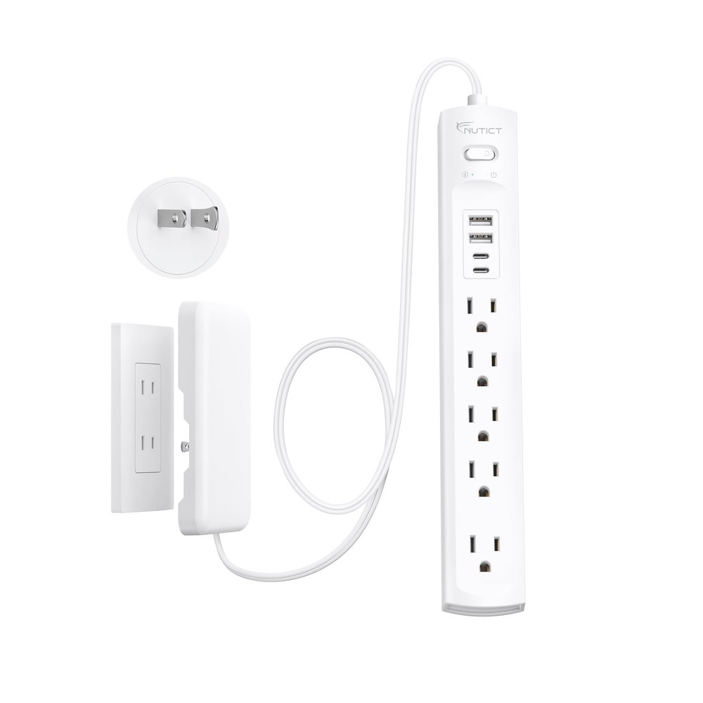 2 Prong Power Strip, NUTICT 2 Prong to 3 Prong Outlet Adapter, 3FT Flat Extension Cord with Outlet Cover, 5-Outlet & 4 USB Ports, 1440J Surge Protector, Wall Mountable, Ideal for Old House, White