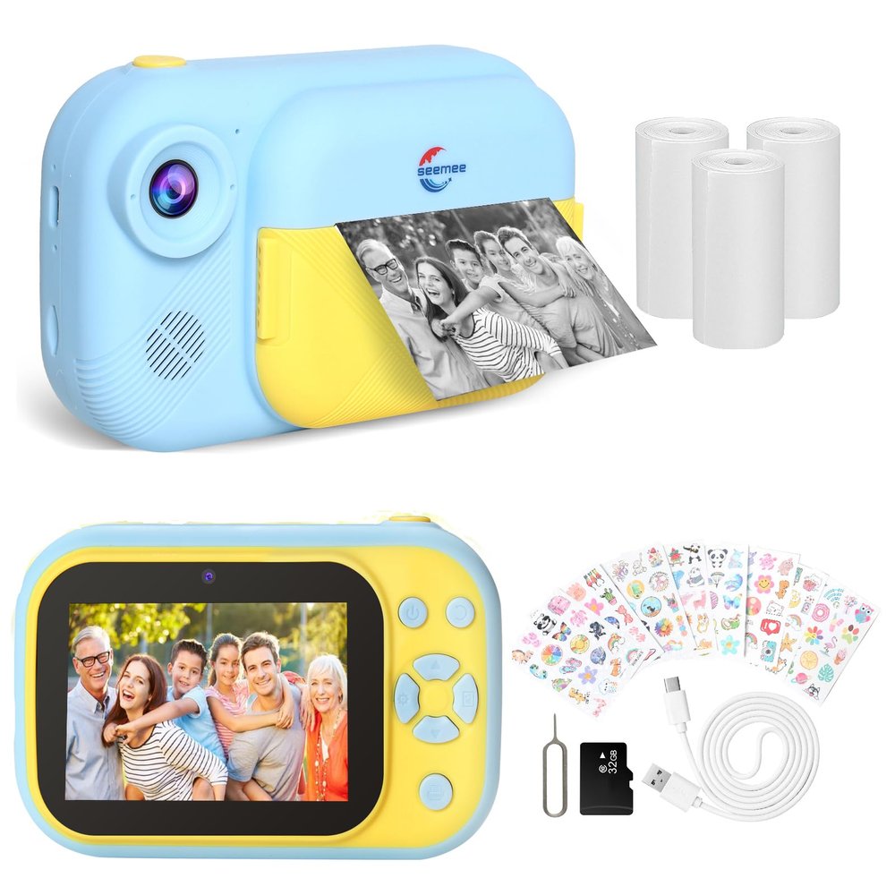 Instant Print Camera for Boys with 3.5" Large Screen,Christmas Halloween Birthday Gifts for Boys Girls 3 Years and Up, Front Rear Dual Cameras with 1080P Videos,32G Card and Charming Stickers(Blue)