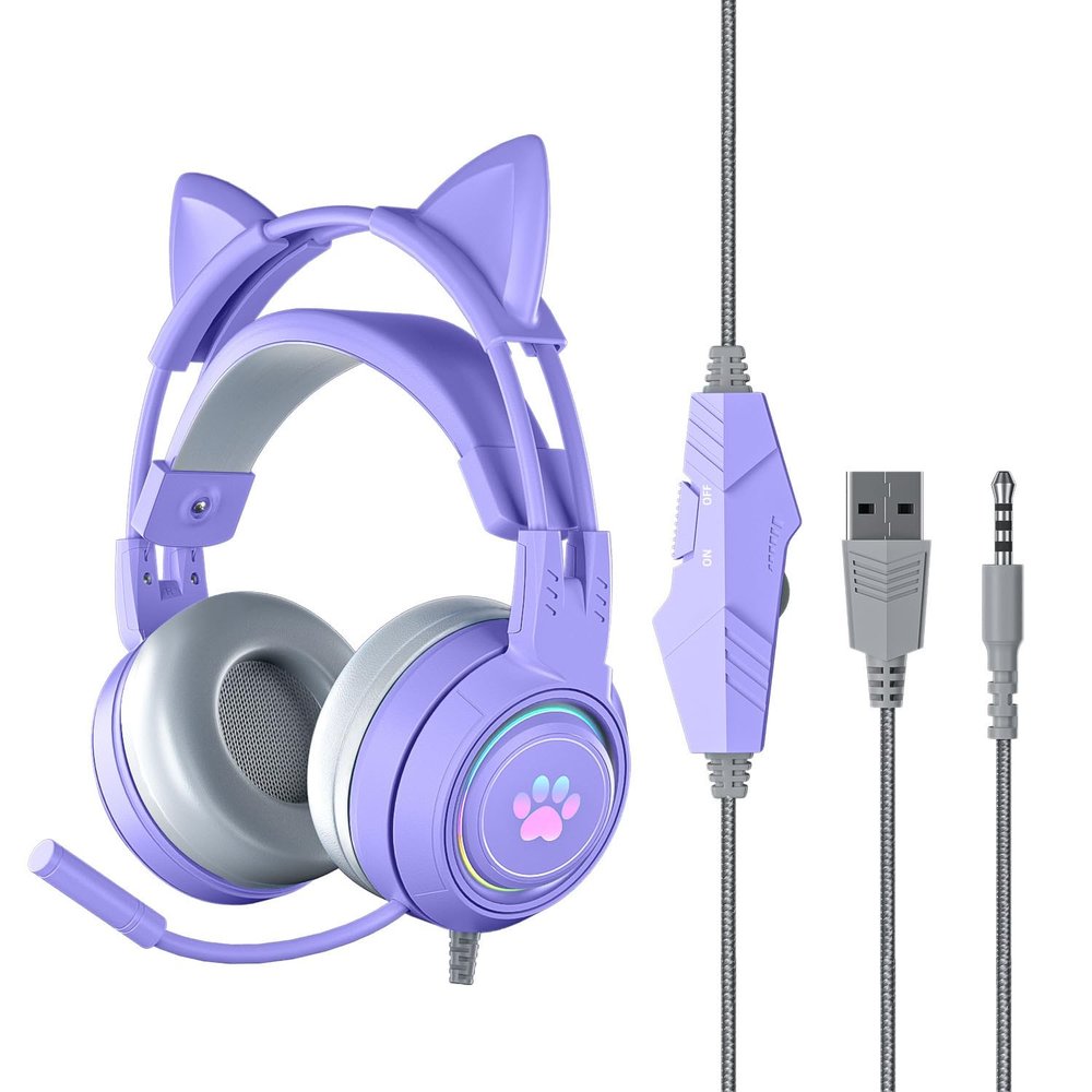 Gaming Headset with Detachable Cat Ears for PC/PS4/PS5, Stereo Surround Sound Gaming Headphones with Noise Canceling Flexible Mic, Computer Headset with 3.5mm Jack & RGB Light(Purple)