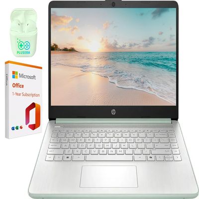 HP 14" LED Business Laptop Computer, 32GB RAM 640GB Storage (128GB UFS + 512GB SD Card), Intel Quad-Core N150, Windows 11 S & 1-Year Microsoft Office 365 Included, PLUSERA Earphones, Willow Green