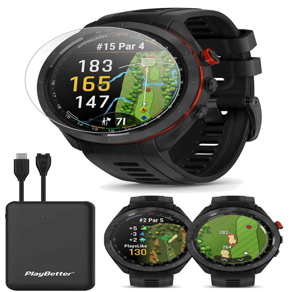 Garmin Approach S70 (Black, 47mm) Golf GPS Watch | Premium Smartwatch with AMOLED Display, Virtual Caddie & Playslike Distance | Bundle with PlayBetter Screen Protectors & Portable Charger (Renewed)