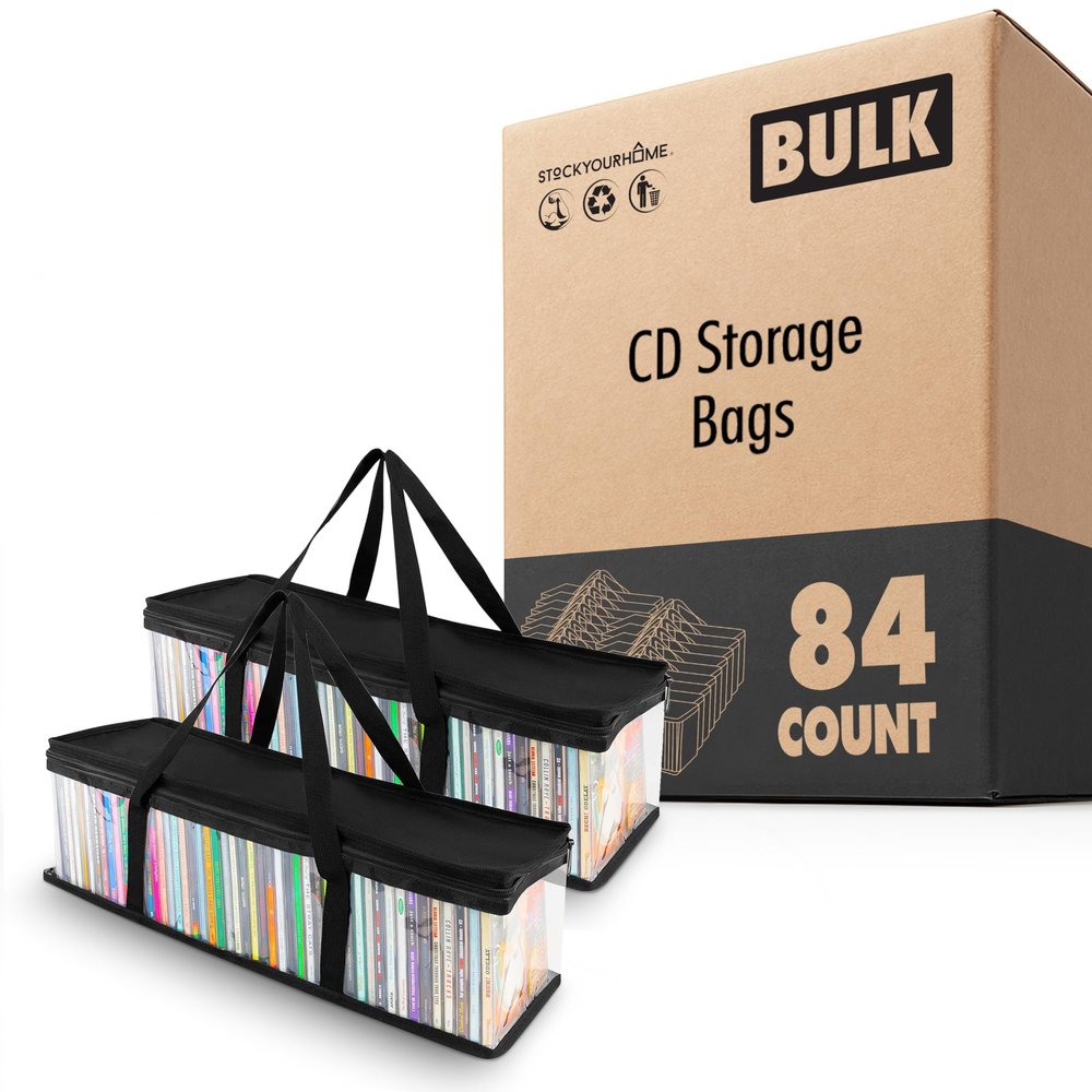 Stock Your Home CD Storage Bags (84 Pack) - Transparent PVC Media Storage - Water Resistant CD Holder Case with Handles - Clear Plastic Carrying Game Bag Storage for CDs, Albums, Video Games, Books