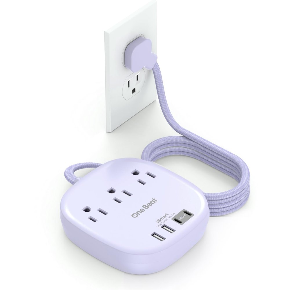 10Ft Flat Plug Power Strip, Purple Flat Extension Cord - 3 Outlets 4 USB Ports (2 USB C) Desktop Charging Station, Cruise Ship Power Strip with No Surge Protection for Travel, Dorm Room Essentials