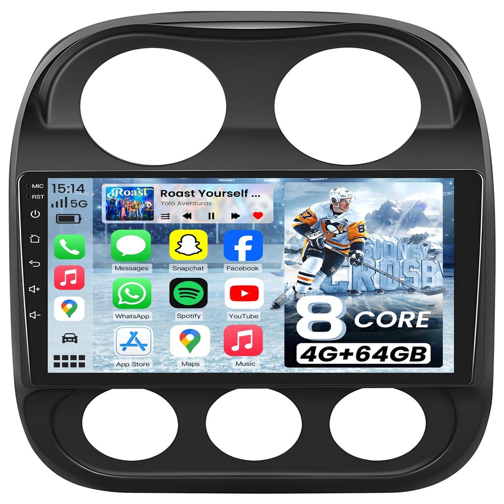 8core 4+64 Car Radio for Jeep Patriot Compass 2010-2016: 10.1 inch Android 13 Touch Screen Stereo CarPlay Android Auto Bluetooth 5GWiFi AM FM RDS SWC 1080P AHD Backup Camera