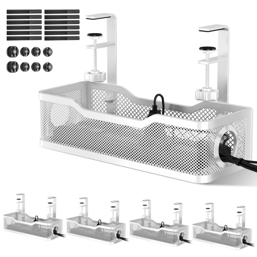 4 Pack Under Desk Cable Management Box White, Cinati 53.6" Wire Organizers No Drill, Cord Organization Tray with Clamp for Office, Home - No Damage to Desk