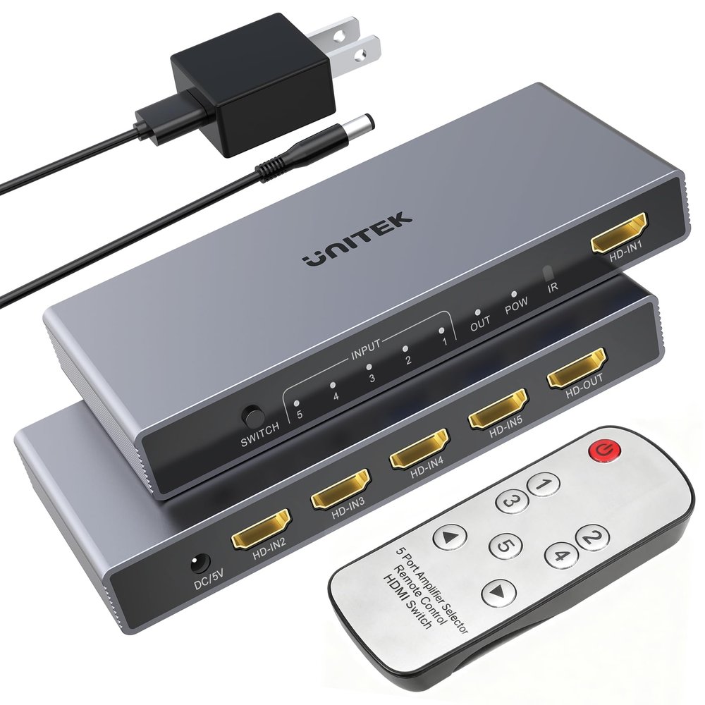 Unitek HDMI Switch 5 Computers 1 Monitor with Remote-4K HDMI Switcher Compatible with PC PS5 PS4 Xbox DVD Player Fire Stick TV 5 Ports Switcher Support for Office Entertainment Home Theater