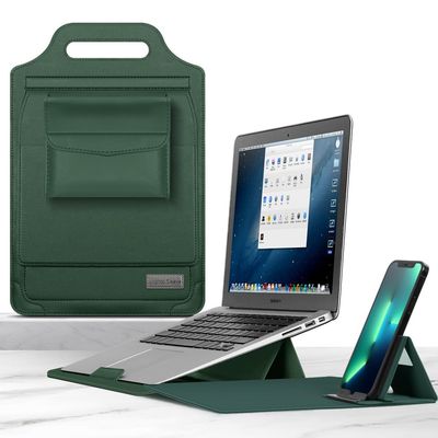2-in-1 Laptop Sleeve & Desk Mat Mouse Pad | Reversible PU Leather Case w/Cooling Stand | Magnetic Phone Holder | Travel Office Gift for Men/Women (Green,11-12)