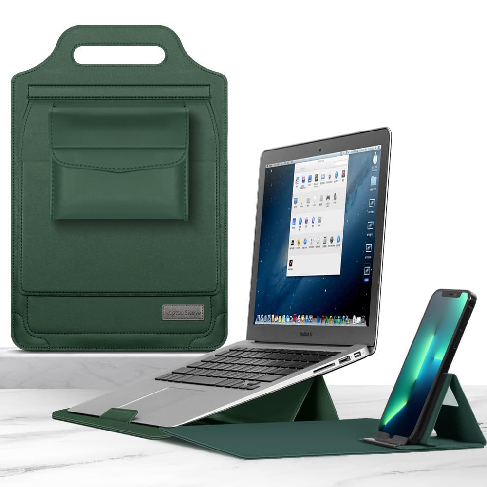 2-in-1 Laptop Sleeve & Desk Mat Mouse Pad | Reversible PU Leather Case w/Cooling Stand | Magnetic Phone Holder | Travel Office Gift for Men/Women (Green,11-12)