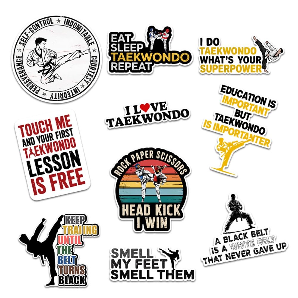 10 Pcs Funny Taekwondo Stickers Martial Arts Vinyl Decals for Laptop, Water Bottle, Gear Bag Taekwondo Quotes for Kids, Teens, Instructors & Black Belt Fans Karate Gift for Fighters