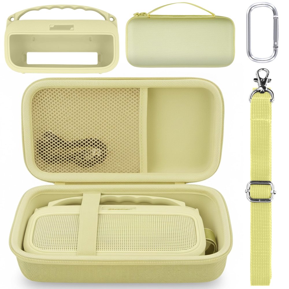 co2CREA Hard and Silicone Case Replacement for Bose New SoundLink Flex 2nd Gen Bluetooth Portable Speaker, with Carabiner and Shoulder Strap (Citrus Yellow Case)