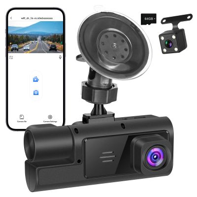 3 Channel Dash Camera Front and Rear Inside, 1080P HD Dash Cam with 64GB Card, Triple DVR Dash Camera with APP Control, 2IPS Screen, Night Vision, Loop Recording, Motion Detection, Reversing Image