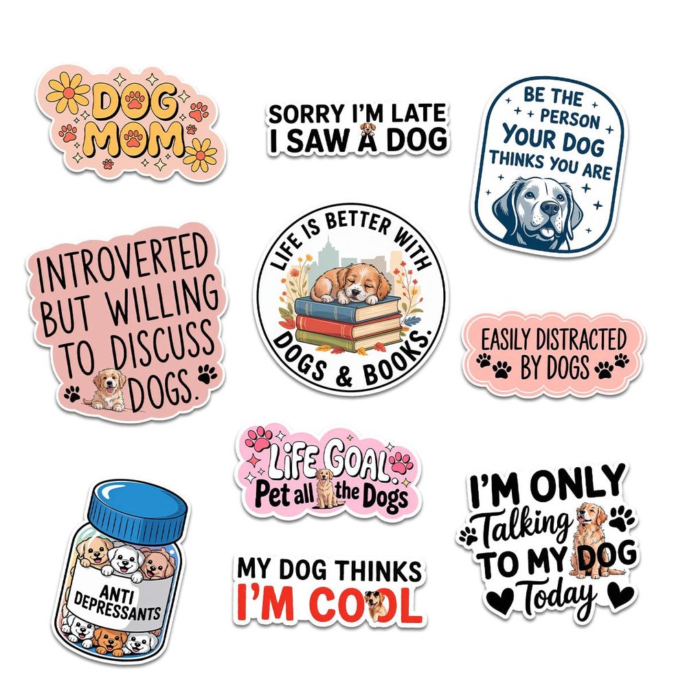 10 Pcs Funny Dog Mom Stickers Pack for Dog Lovers Cute Puppy Quote Decals for Laptop, Water Bottle, Notebook, Car Window Gift for Pet Owners, Animal Enthusiasts, Women, and Girls