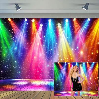10X8ft Rainbow Stage Backdrop 1980s Colorful Disco Photography Background Rock Music Glow Neon Dance Party Decor Banner Photo Props Wall Decor Supplies