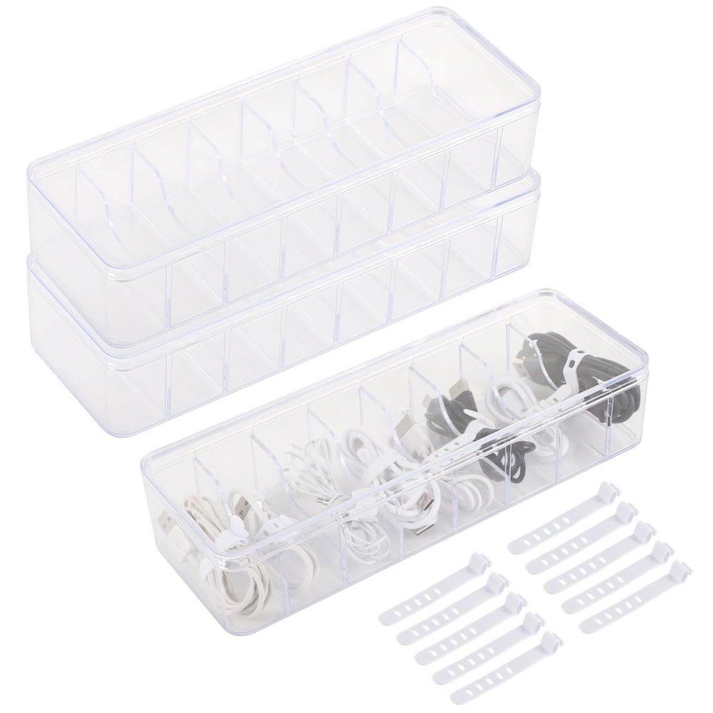 3-Piece Clear Cable Organizer Set With Lids & Removable Dividers, Includes 10 Cable Ties, Cord Storage Box For Electronics, Home, And Office
