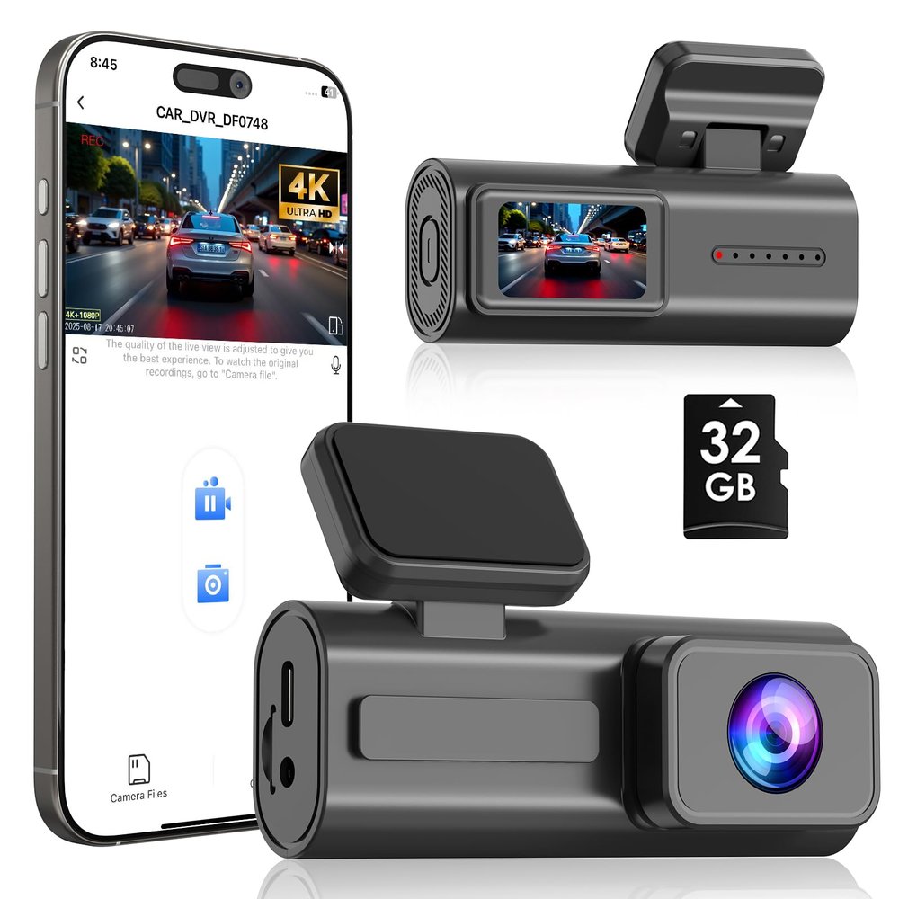 Dash Cam Front 4K, Front Dash Camera for Car with Free 32GB SD Card WiFi Mini Dashcam with APP Control, GPS, Night Vision, Parking Monitoring, G-Sensor, Loop Recording