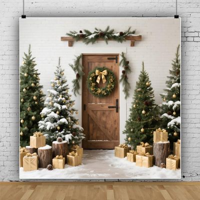10x10ft Rustic Christmas Backdrops for Photography White Brick Wall Wooden Door Christmas Photo Backdrop Xmas Tree Props for Photoshoot Friendsmas Baby Shower Decorations Studio Photobooth Props