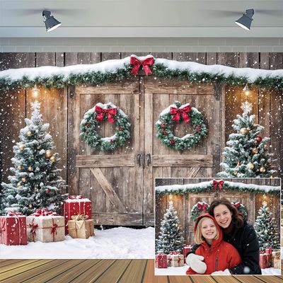 10X10ft Christmas Backdrop Barn Wood Door Xmas Tree Snow Photography Background Winter Holiday Party Photo Booth Family Portrait Decoration Supplies Photo Studio Props Wall Decor Banner