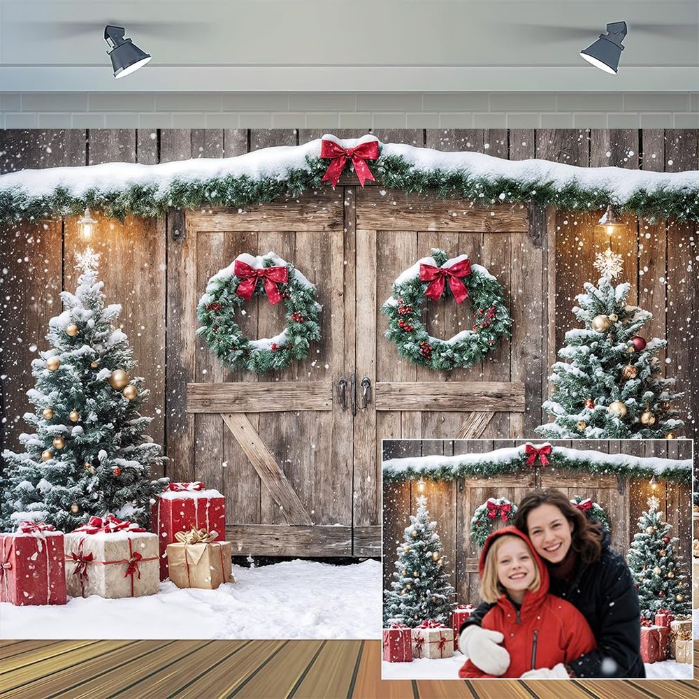 10X10ft Christmas Backdrop Barn Wood Door Xmas Tree Snow Photography Background Winter Holiday Party Photo Booth Family Portrait Decoration Supplies Photo Studio Props Wall Decor Banner