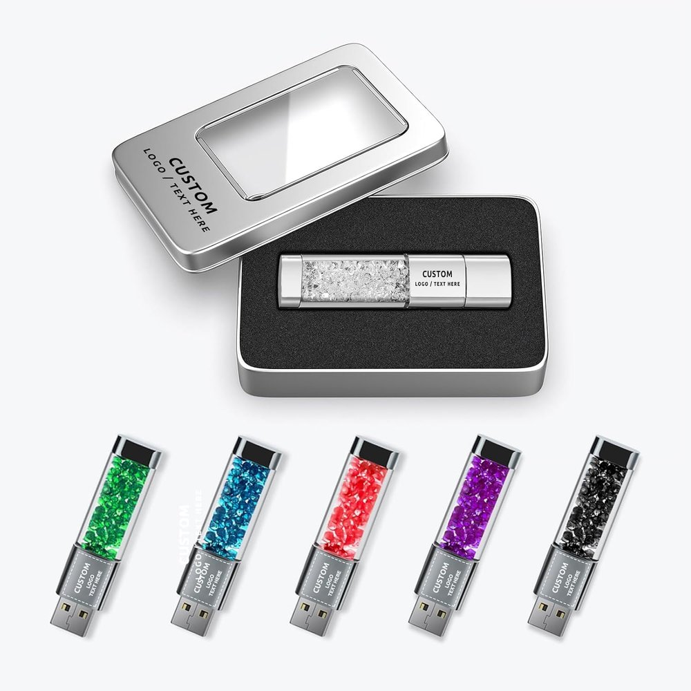 Fashion Crystal USB Drives Bulk Custom, 100 Pack Personalized Engraved Promotional Flash Drives for Wedding Favors, Corporate Events, Branded Business Gifts with Logo Packaging (8 GB)