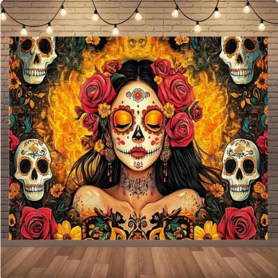 8x6 feet Mexican Day of The Dead Photography Background Flower and Candy Skull Pattern Children's Birthday Photography Background Banner